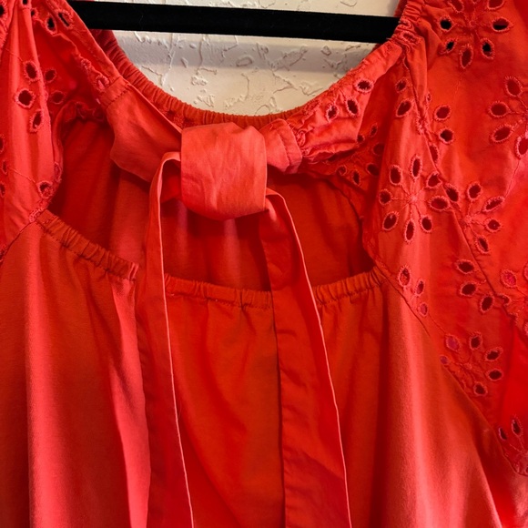 J. Crew Pullover Top Size Large Orange Cotton Embroidered Eyelet Puff Sleeve - Picture 5 of 7